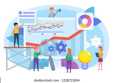 Business growth, analytics, statistcs. Small people stand near big screen with various charts. Poster for social media, web page, banner, presentation. Flat design vector illustration