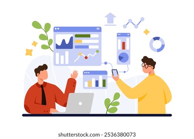Business growth analytics, statistic analysis in cyberspace by analyst. Tiny people research results of charts and diagrams for marketing progress planning and optimization cartoon vector illustration