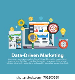 Análisis del crecimiento empresarial y desarrollo de valoración. Estrategia de marketing basada en datos. Plantilla Web de estilo plano. Desarrollo empresarial, generación de plomo, aumento de ingresos. Ilustración vectorial.