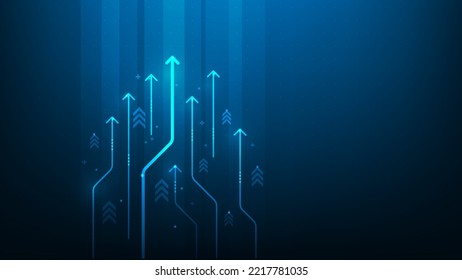 rendimiento de flecha de crecimiento de negocios digital sobre fondo oscuro azul. circuito de tecnología de gráficos de inversión para el éxito. estrategia de tecnología de datos financieros.beneficios de la tabla de mercado. ilustración vectorial de alta tecnología. 