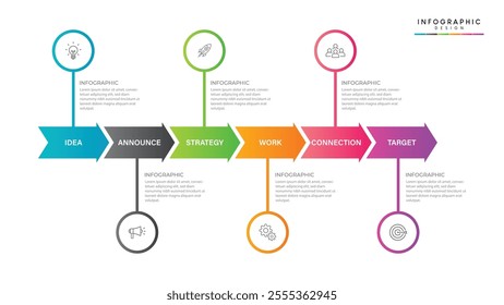 Business growth arrow template. Infographic 6 steps to success. Vector illustration.