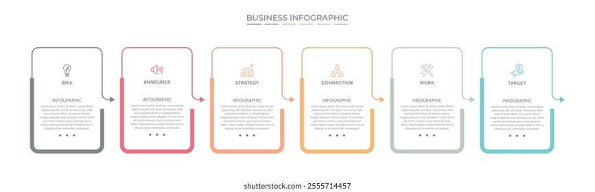 Business growth arrow template. Infographic 6 steps to success. Vector illustration.