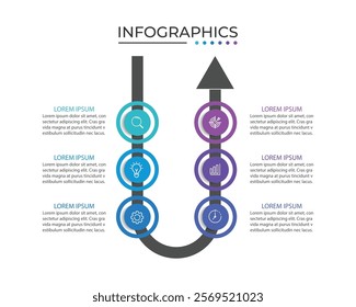 Business growth arrow template. Infographic 6 steps to success. Vector illustration.