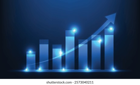 business growth. bar chart with arrow up on blue background