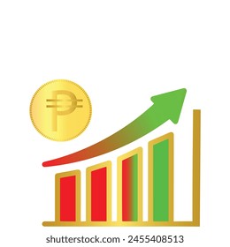 Business growth bar with Peso symbol coin increasing graph with up-word arrow template steady growth chart isolated on white background. Editable Peso trading market graph clipart vector Eps available