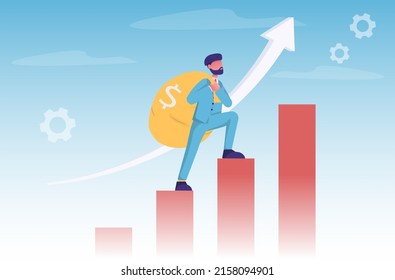 Business growth. A businessman with a bag of money goes up the chart.