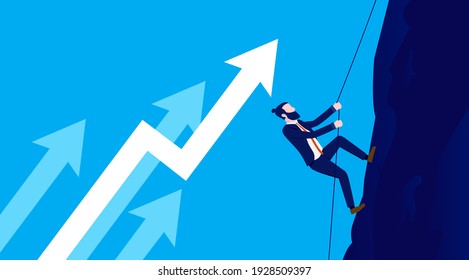 Business growth - Businessman climbing rope up hill, with rising arrows in background. Progress concept. Vector illustration.