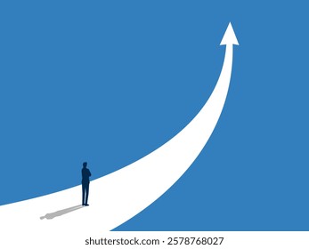 Business growth, Businessman standing with arms crossed on the path to achieve higher goals