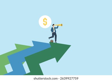 Business growth. Businessman using telescope to explore financial opportunities on upward trend with dollar sign over blue and green arrows.