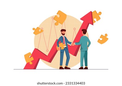 Business growth. The businessmen have made a deal and are shaking hands. There are puzzles all around and the graph arrow grows upwards
