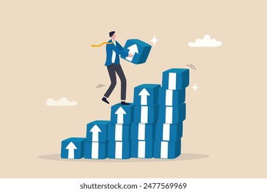 Business growth, career improvement or investment earning profit, personal development, growing business or leadership effort concept, businessman carry box with arrow to stack as stair to success.