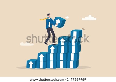 Business growth, career improvement or investment earning profit, personal development, growing business or leadership effort concept, businessman carry box with arrow to stack as stair to success.