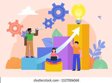 Business growth, career ladder concept. Group of people stand near big growth steps. Poster for social media, web page, banner, presentation. Flat design vector illustration