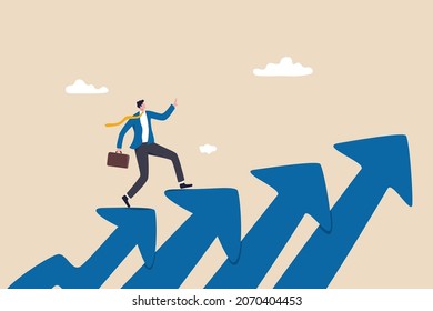 Business growth and career path, climb up ladder of success or staircase to grow up, ambition and leadership to achieve target concept, confidence businessman walk or stepping up growth arrow stair.