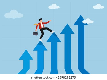 Business Growth and Career Success Concept. Featuring a Professional Climbing Upward Arrows Representing Progress, Achievements, and Future Opportunities.