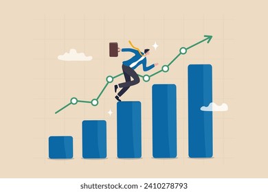 Business growth, challenge to success, career growing achievement, ambition or aspiration to achieve goal, development effort, improvement or winner step concept, businessman running up growth chart.