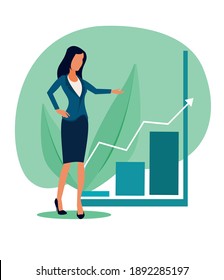 Business growth chart. Businesswoman near schedule. Achieving goals. Business concept vector illustration.