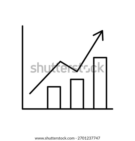 Business growth chart icon featuring an upward arrow for optimistic progress and success, with a simple finance graph symbolizing data analysis, statistics, and market trends.