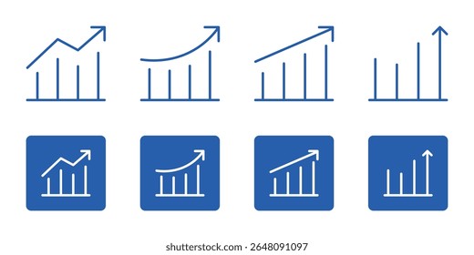 Business Growth Chart Icon Set. 4 Line and 4 Solid Style Profit Graphs, Bar Charts and Arrows