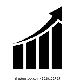Business growth chart icon vector illustration. Black silhouette icon showing an ascending bar chart with an upward arrow. Ideal for business success, financial growth, and performance.
