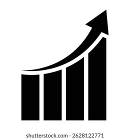 Business growth chart icon vector illustration. Black silhouette icon showing an ascending bar chart with an upward arrow. Ideal for business success, financial growth, and performance.