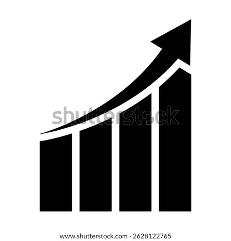 Business growth chart icon vector illustration. Black silhouette icon showing an ascending bar chart with an upward arrow. Ideal for business success, financial growth, and performance.