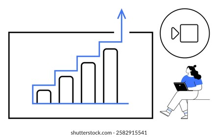 Business growth chart with increasing bar graph indicating upward trend, woman operating a laptop, and video stream icon. Ideal for business analysis, financial reports, online presentations