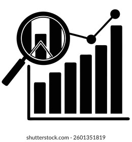 business growth chart, magnifying glass, bar graph, financial trends, market research, black and white icon,