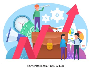 Business growth chart, office work, teamwork. Small people standing near big chart, briefcase. Poster for social media, web page, banner, presentation. Flat design vector illustration