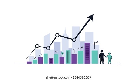 Business growth chart presentation with two figures and city building at background vector