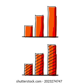 Business Growth Chart. Red Bars. Analytics And Data Analysis. Doodle Graph. Outline Sketch Cartoon Illustration