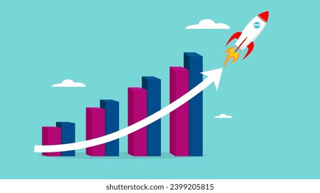 business growth chart with rocket illustration suitable for describe about business growth profit increase, invest, investment, growing improvement sales and revenue, rapid economic growth concept