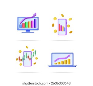 Gráfico de crescimento de negócios definido em dispositivos digitais. Análise de marketing e finanças. Sucesso nos negócios. Dados do mercado de ações e ilustração do vetor de linha de tendência.