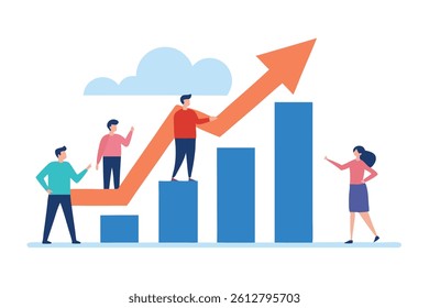 Business growth chart, upward trend, teamwork, collaboration, colorful figures, minimalist design, infographic, progress visualization, bar graph,