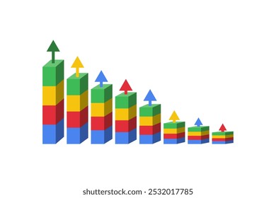 Business growth colorful 3D bar graph   strategy plan with upside growing arrows vector illustration isolated on white