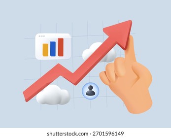 3D-Darstellung des Unternehmenswachstumskonzepts als Vektorgrafik. Innovation durch digitale Lösungen, KI und datengesteuerte Strategien. Hand mit steigendem Pfeil. Trendy modernes Banner. Vektorgrafik