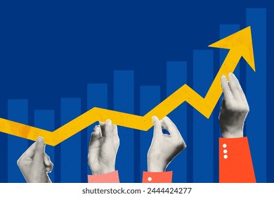 Business growth concept art collage. Halftone hands of colleagues holding rising arrow chart. Teamwork, work efficiency, partnership concept. Trendy modern retro vector illustration