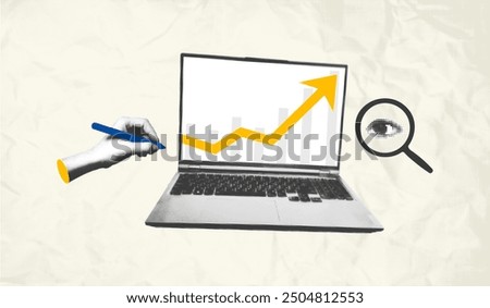 Business growth concept art collage banner template. Halftone hand signing the contract, laptop with rising arrow chart on screen and searching magnifier. Trendy modern retro vector illustration