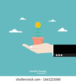 Business growth concept. Businessman hand holding money Tree. Vector illustration flat design
