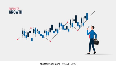 Geschäftswachstum Konzept mit Geschäftsmann, der Lupe hält, um Graphen Symbol Illustration zu analysieren.