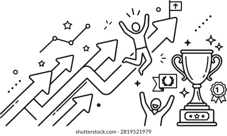 Business growth concept featuring climbing arrow charts winning employees celebrating milestones and triumphant trophy award visuals.