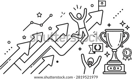 Business growth concept featuring climbing arrow charts winning employees celebrating milestones and triumphant trophy award visuals.