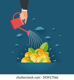 Business growth concept. Human hand watering field full of money dollar coins. Vector colorful illustration in flat style