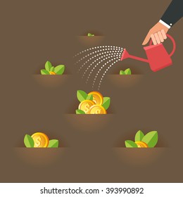 Business growth concept. Human hand watering field full of money dollar coins. Vector colorful illustration in flat style 