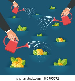 Business growth concept. A lot of human hands with cans watering money dollar coin field. Vector colorful illustration in flat style