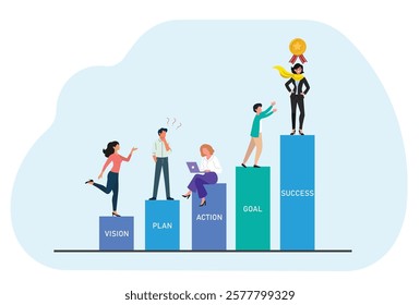 Business growth concept illustration showing steps from vision to success. People climbing bar charts labeled vision, plan, action, goal, and success. Perfect for leadership, strategy, and motivation.