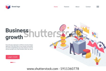 Business growth concept isometric vector illustration. Cartoon businessman character growing money cash plant with coins in pot, working to make financial profit, increase wealth revenue landing page