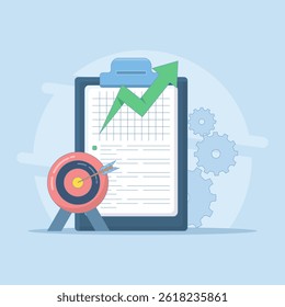 Business Growth Concept. List of goals and objectives. Business plan. Financial audit, financial report. Vision and mission. Business planning and strategy to grow. Flat Design Illustration.