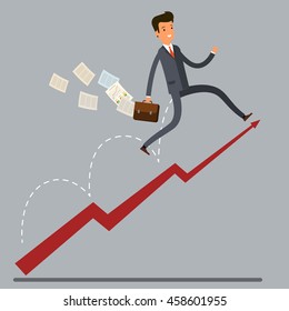 Business Growth Concept. Business man jump over growing chart in flat design