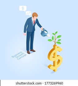 Business growth concept. Business man with pot watering money tree. Vector Isometric illustrations.